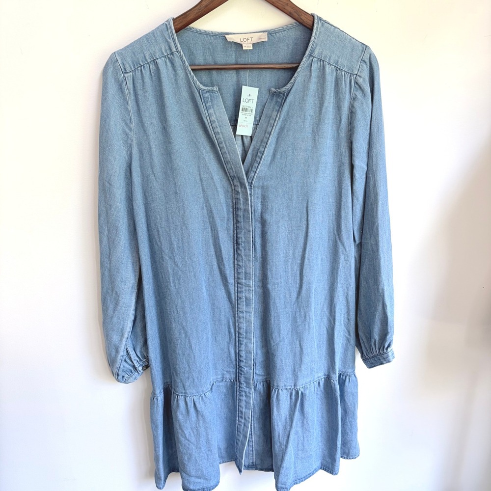 LOFT NEW Chambray Shift Dress Medium Petite Blue Linen Blend Long Sleeve